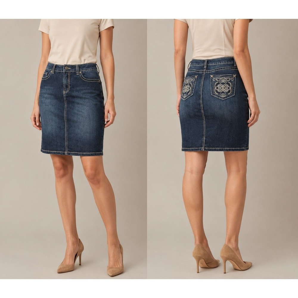 Nine West Date Night‎ Fit Denim Skirt Size 29/8 Blue Embroidered Pocket Stretch
